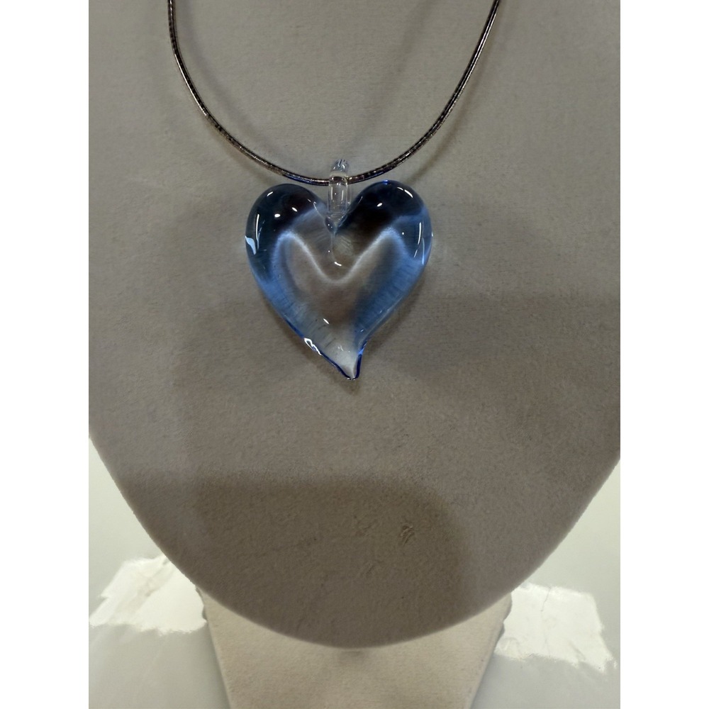 Blue Art Glass Heart Pendant Necklace 16" Italy 925 STERLING Silver Chain Lobste